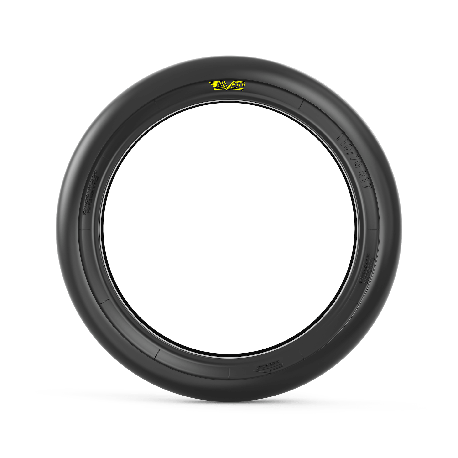 PMT Slick 110/70-17 Supersoft - Hard 2 PMT Slick 110/70-17 Supersoft-Hard Vorderreifen Seitenansicht mit PMT Logo gelb